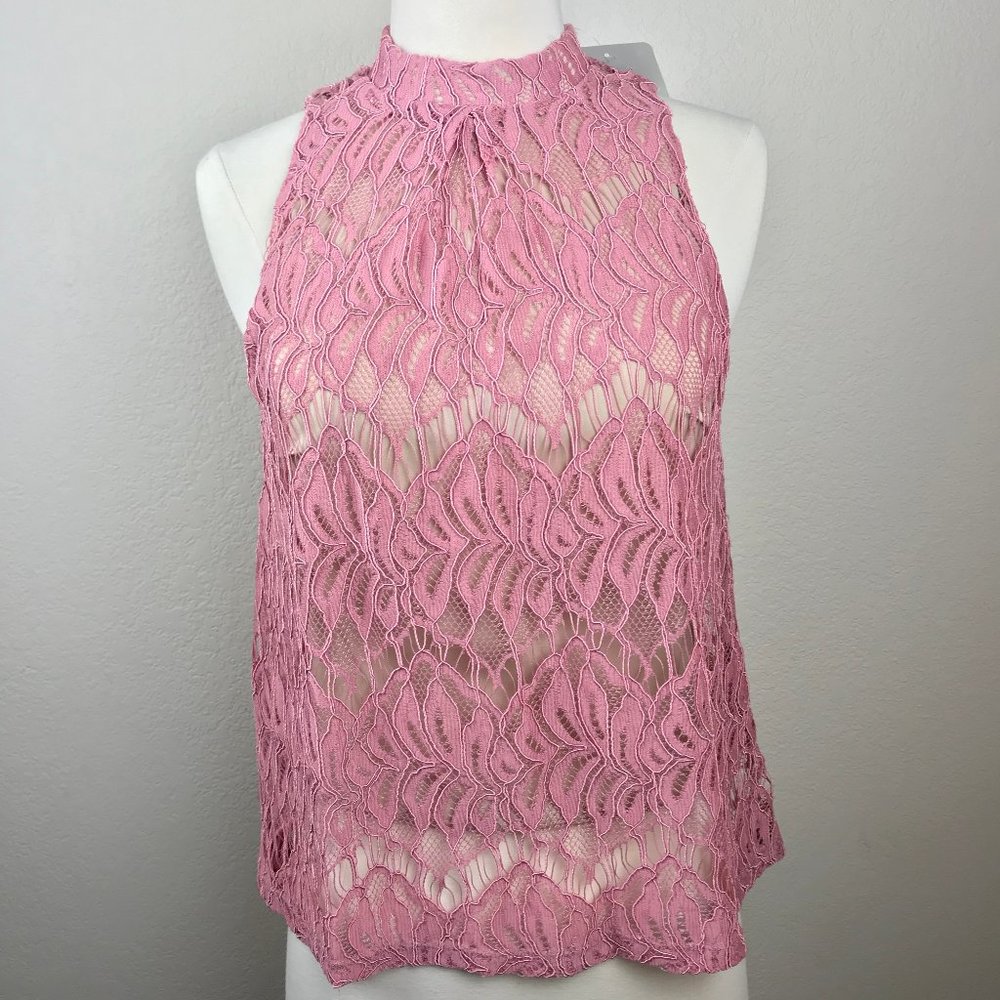 Boho Pink Mock Neck Lace Sleeveless Tank Top